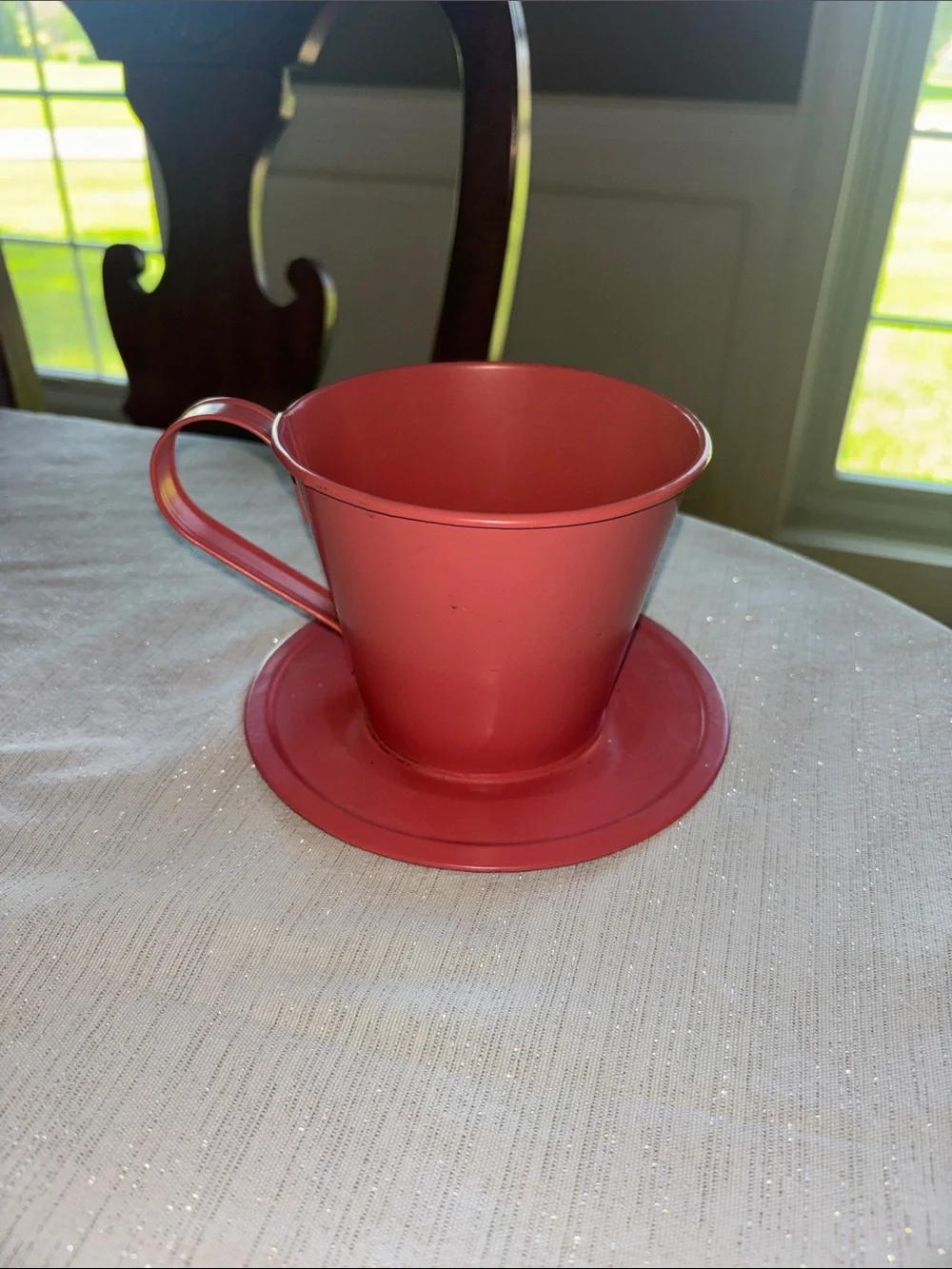 Coral Metal Tea Cup and Saucer plant holder